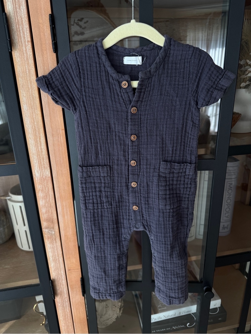 Jamie Kay muslin romper Ryan Button-Front One-Piece Charcoal cotton juniper baby - Picture 2 of 6
